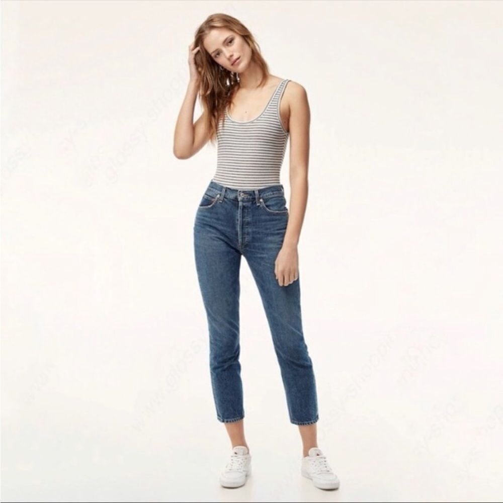 ARITZIA | WILFRED FREE Leila Gray & White Striped Bodysuit Scoopneck Women’s S
